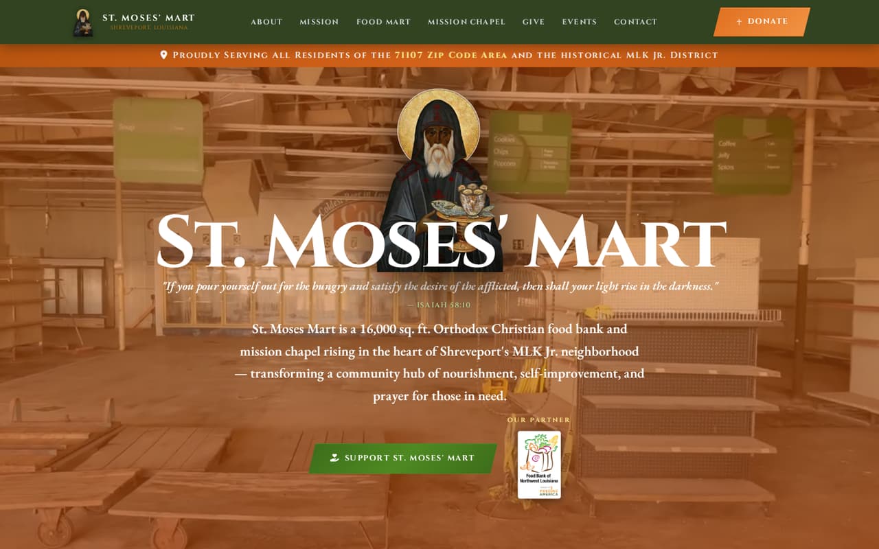 The St. Moses’ Mart homepage on a desktop screen.