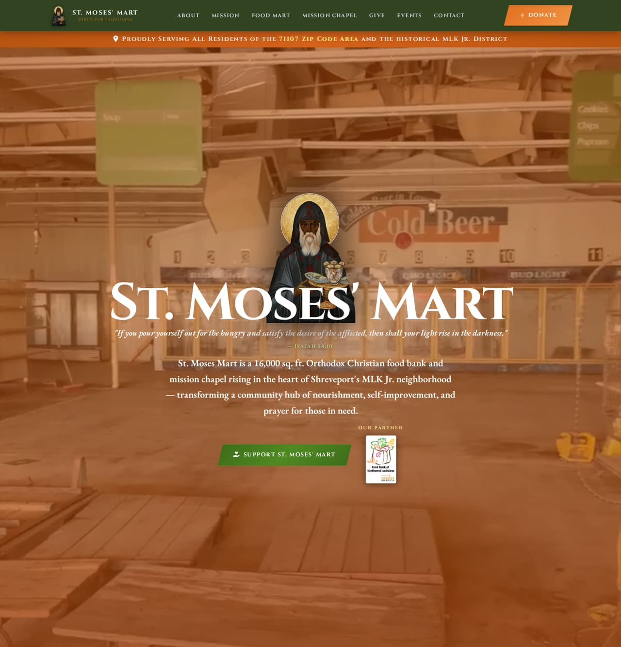 The first sections of the St. Moses’ Mart homepage.