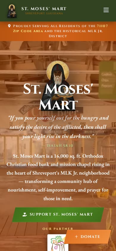 The St. Moses’ Mart website as it appears on a phone.