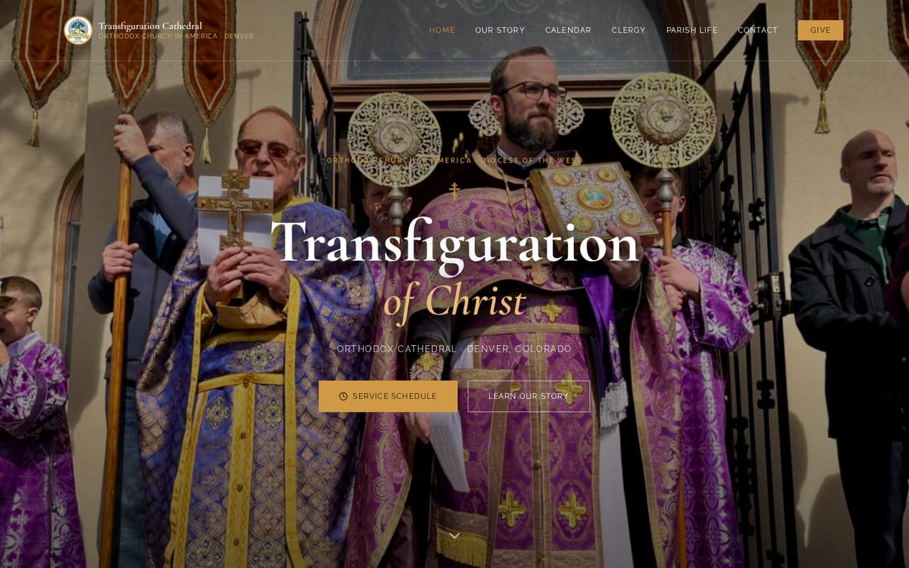 The Transfiguration Cathedral homepage on a desktop screen.
